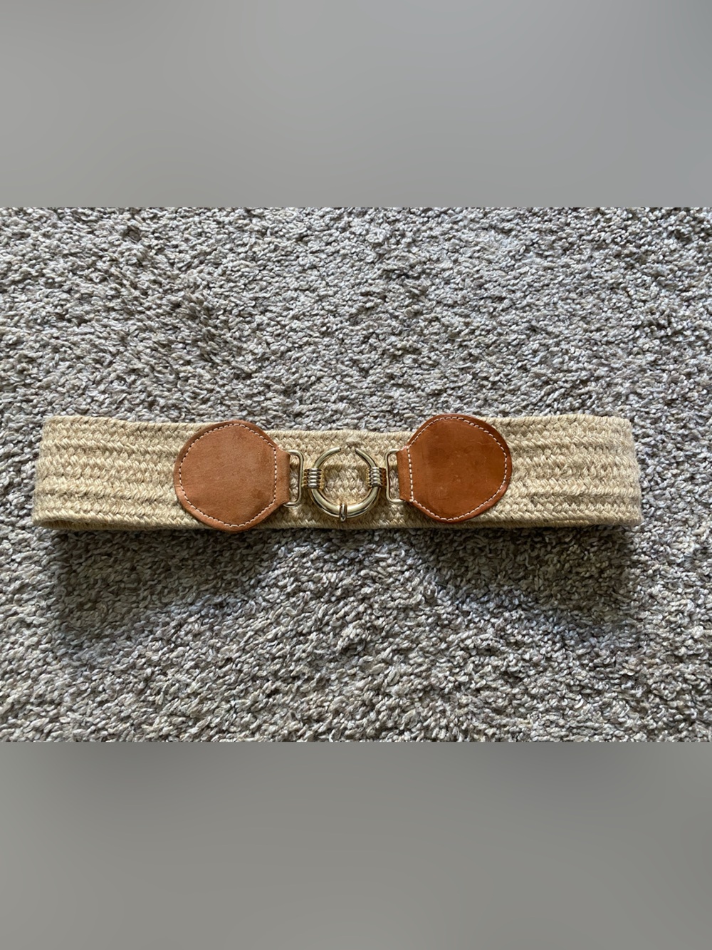 VTG Womens Stretch Macrame Tan Leather Belt Size Small Gold Tone Accents